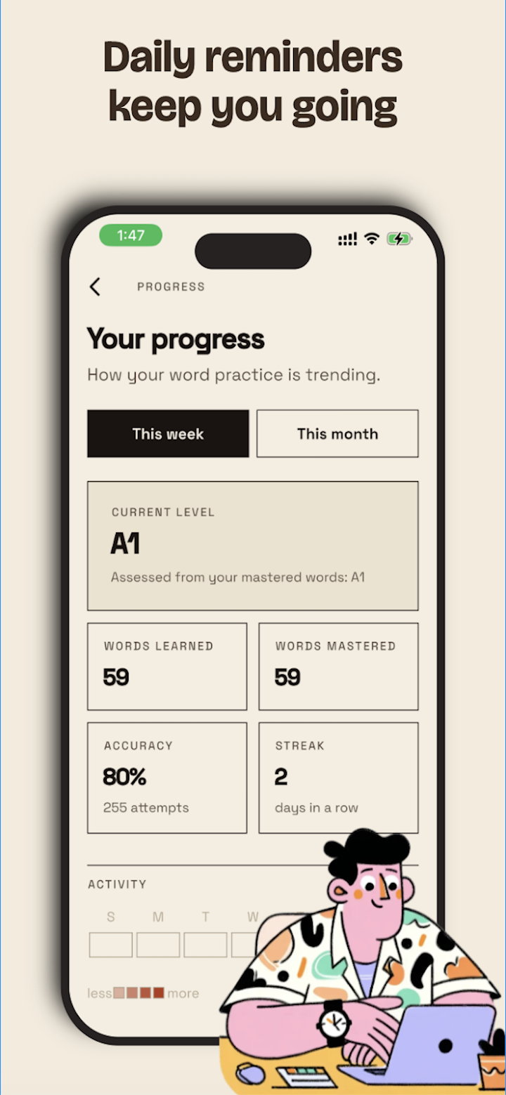 Progress screen showing level, words learned, accuracy and streak